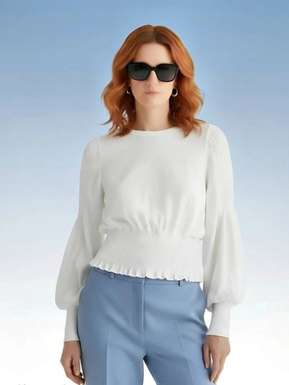 1.STATE White Long-Sleeve Top with  Smocked Waist Size M
M.